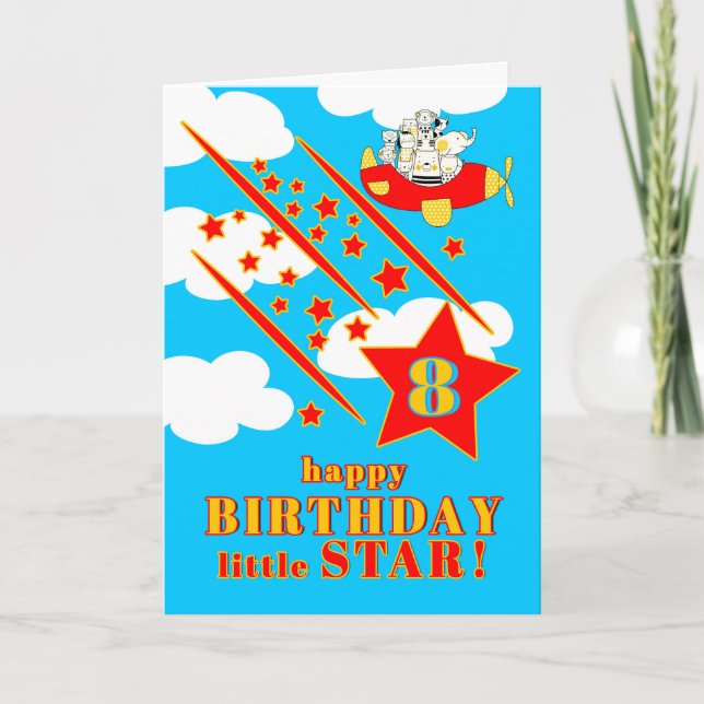 Tarjeta 8th Birthday Little Star Cute Animals in a Plane (Anverso)
