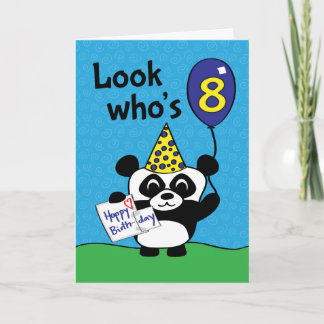 Tarjeta 8vo cumpleaños - panda del muchacho con el globo y