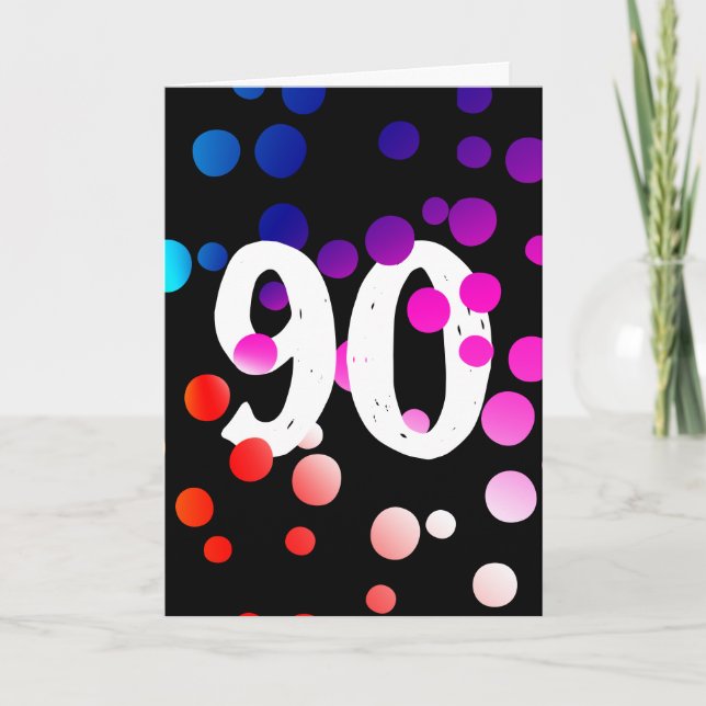 Tarjeta 90.º cumpleaños, puntos arcoiris sobre negro (Anverso)