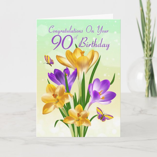 Tarjeta 90.º Nacimiento Amarillo Y Morado Crocus (Anverso)