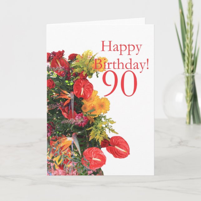 Tarjeta 90.º ramo amarillo rojo de cumpleaños (Anverso)