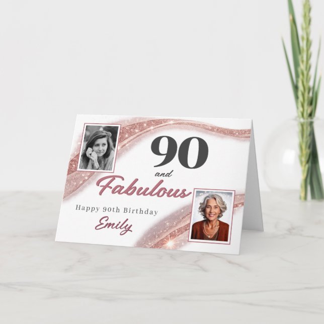 Tarjeta 90 and Fabulous Rose Gold Photo 90th Birthday (Anverso)