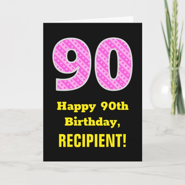 Tarjeta 90 Aniversario: Bandas y corazones rosados "90" +  (Anverso)