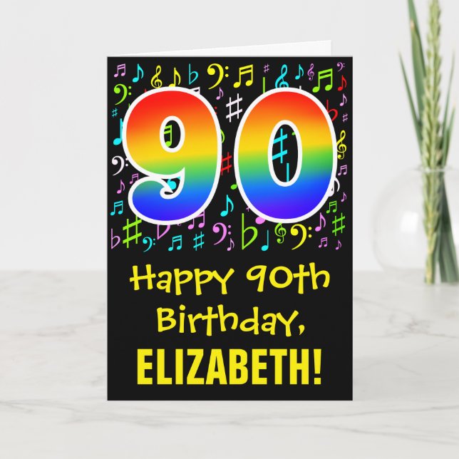 Tarjeta 90 Aniversario: Símbolos musicales coloridos + Arc (Anverso)