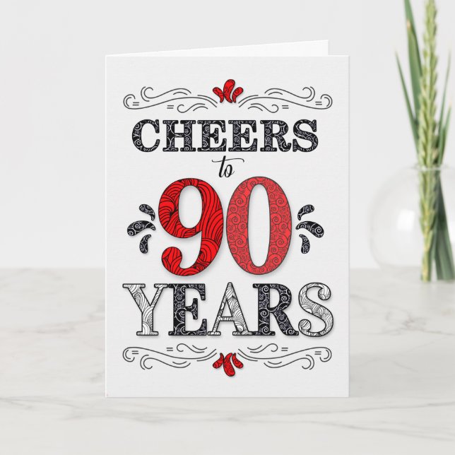 Tarjeta 90 años de alegría en el patrón negro blanco rojo (Anverso)