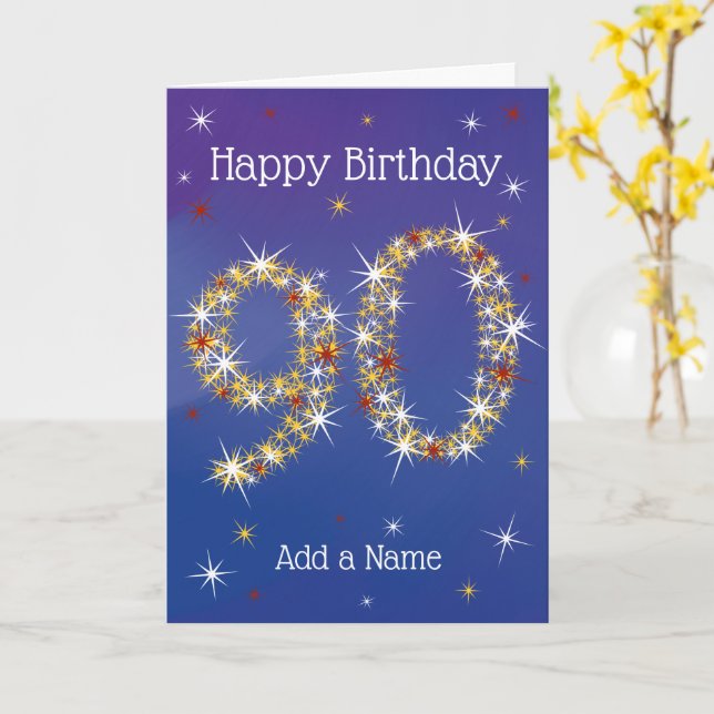 Tarjeta 90° cumpleaños - 90 en estrellas - azul - 90 años (flor amarilla)