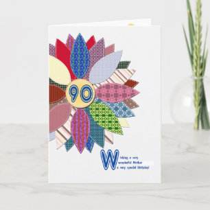 Tarjeta 90.o cumpleaños para la madre, flor cosida