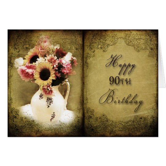 Tarjeta 90.o CUMPLEAÑOS - VINTAGE FLORAL - BOOK/PAGES