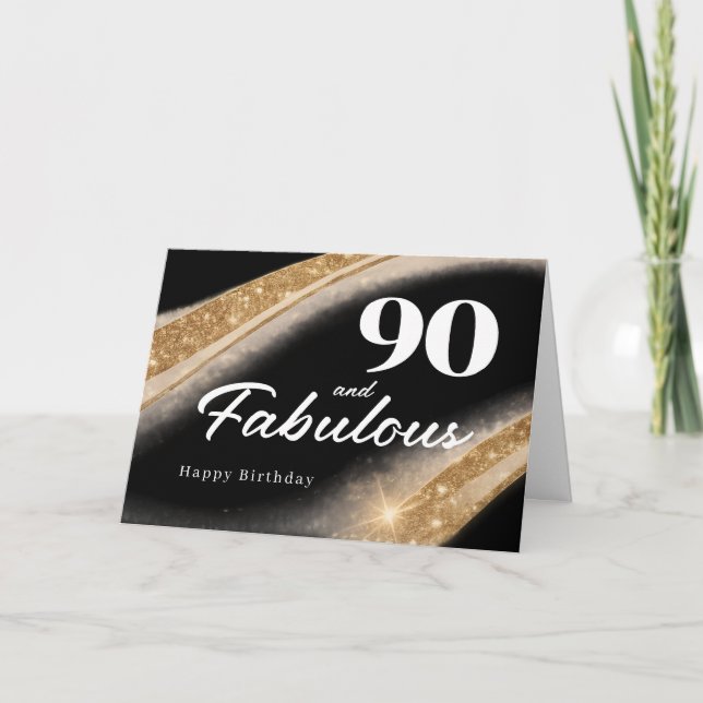 Tarjeta 90 y Fabuloso Cumpleaños 90 Negro Oro (Anverso)
