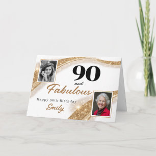 Tarjeta 90 y Fabuloso Glitter Dorado Foto 90 Cumpleaños