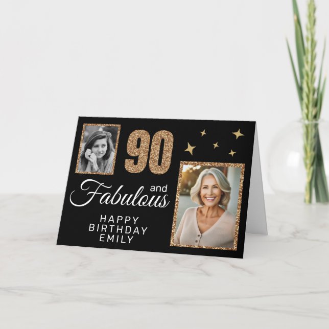 Tarjeta 90 y Fabulous Gold Purpurina 2 Photo 90th Birthday (Anverso)