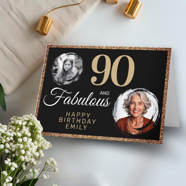 Tarjeta 90 y Fabulous Gold Purpurina 2 Photo 90th Birthday (Subido por el creador)