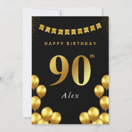 Tarjeta 90th Birthday Card Black and Gold Balloons