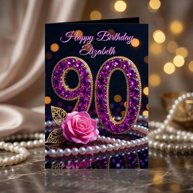 Tarjeta 90th Birthday Purple Amethyst Jewels Pink Rose (Subido por el creador)