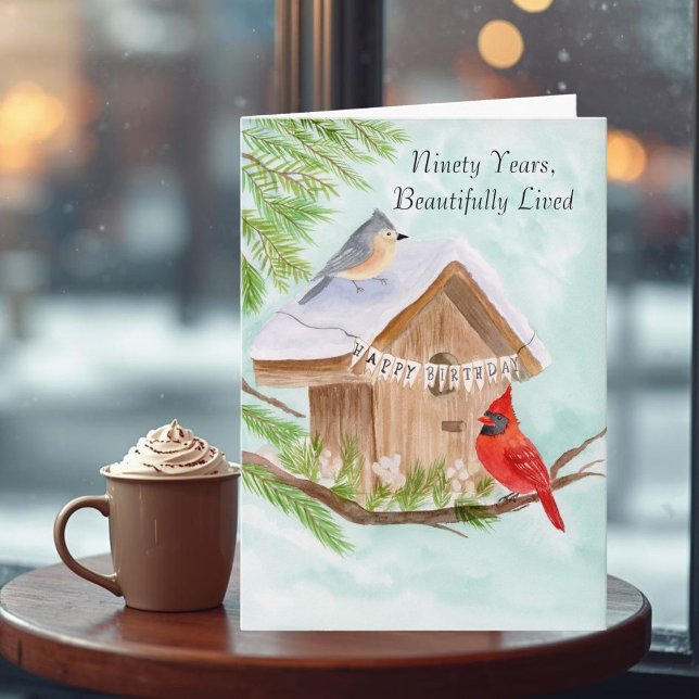 Tarjeta 90th Happy Birthday Birds at Birdhouse (Subido por el creador)