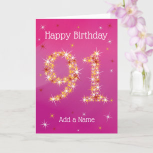 Tarjeta 91º cumpleaños - 91 en estrellas - rosa/morado - 9