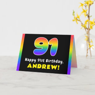 Tarjeta 91º cumpleaños: arcoiris colorido # 91, nombre per