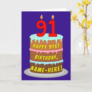 Tarjeta 91º cumpleaños: Torta divertida y velas + nombre p