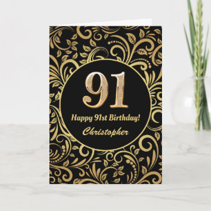 Tarjeta 91.ª natalidad Patrón floral negro y dorado