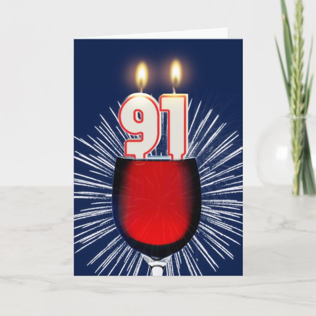 Tarjeta 91.º cumpleaños con vino y velas (Anverso)