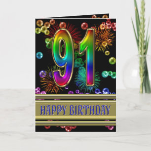 Tarjeta 91 Aniversario con burbujas de arcoiris y fuegos a