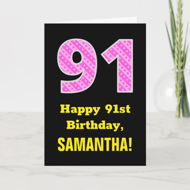 Tarjeta 91 Aniversario: Corazones y franjas rosadas "91" + (Anverso)