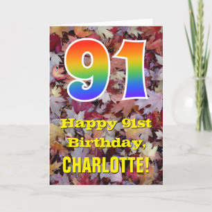 Tarjeta 91° cumpleaños; hojas de otoño rusticas; arco iris