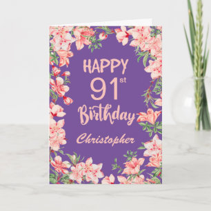 Tarjeta 91 cumpleaños Morado Peach Peach acuarela Floral