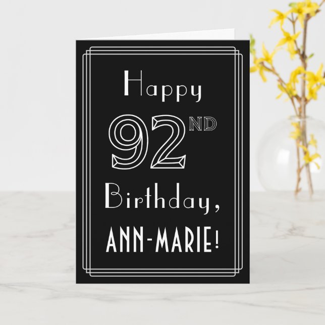 Tarjeta 92º cumpleaños: Art Deco Style # 92 y nombre perso (flor amarilla)