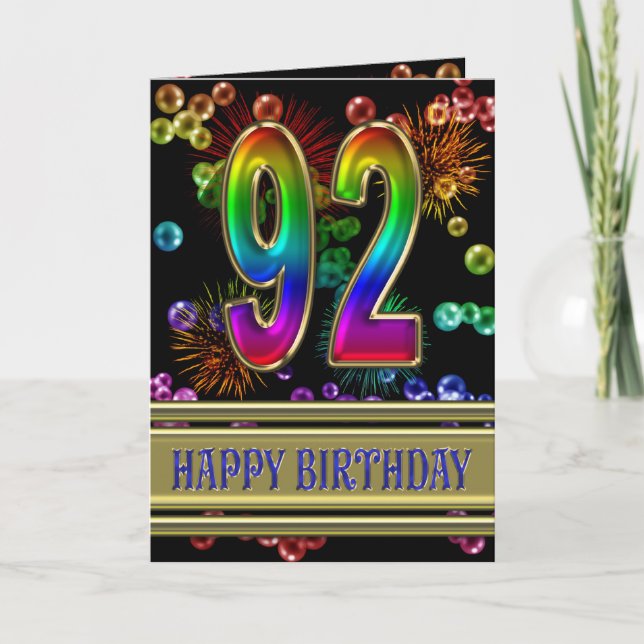 Tarjeta 92.º cumpleaños con burbujas de arcoiris y fuegos  (Anverso)