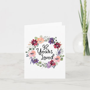 Tarjeta 92 años adorados floral 92ª natalidad mujeres 92 a