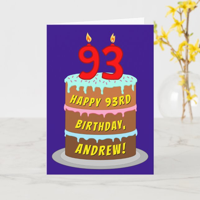 Tarjeta 93 Aniversario: Torta y velas divertidas + nombre  (flor amarilla)