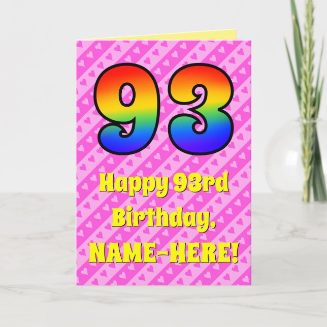 Tarjeta 93° cumpleaños: Rayas y corazones rosas, arcoiris  (Anverso)