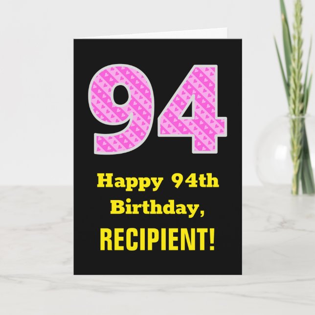 Tarjeta 94º cumpleaños: Rayas rosas y corazones "94" + nom (Anverso)