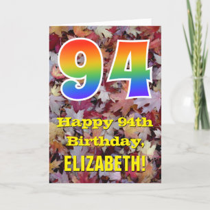Tarjeta 94 cumpleaños; hojas de otoño rusticas; arco iris