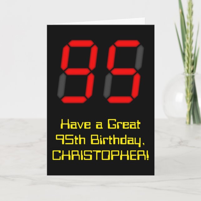 Tarjeta 95º cumpleaños: Red Digital Clock Style "95" + Nom (Anverso)