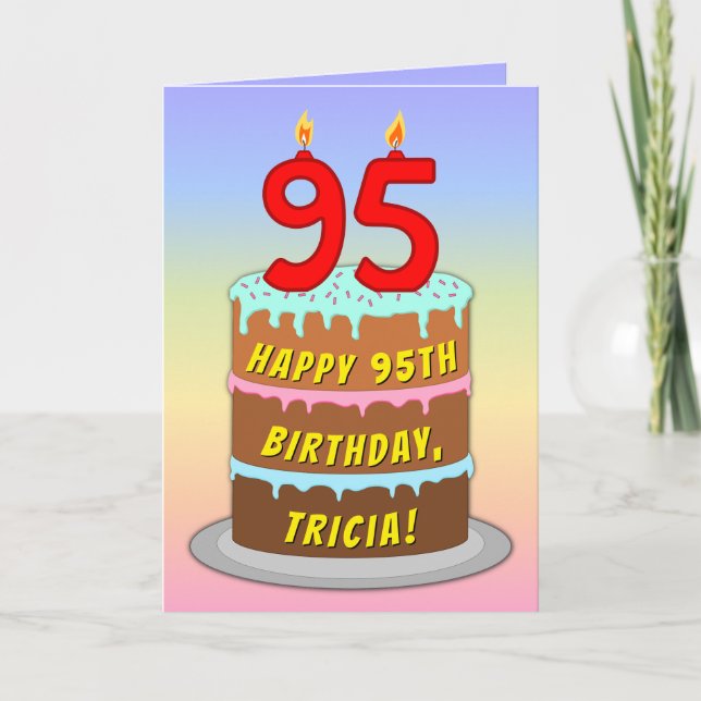 Tarjeta 95º cumpleaños — Torta divertida y velas, con nomb (Anverso)