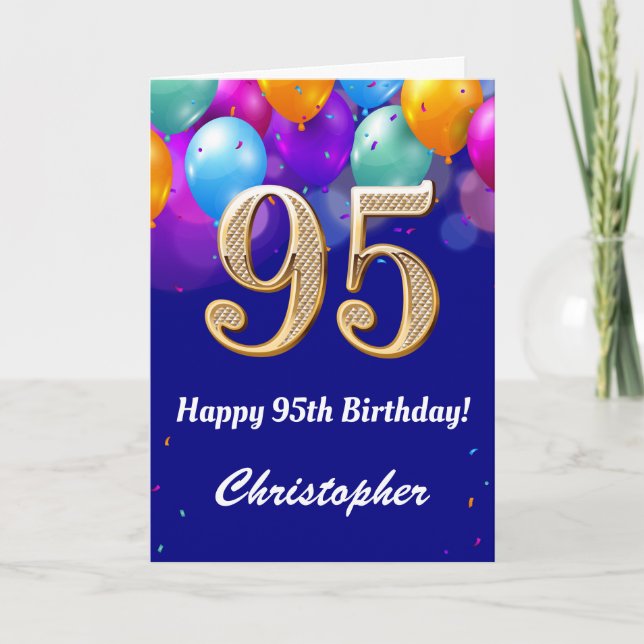 Tarjeta 95.º Balón azul y dorado de la marina de cumpleaño (Anverso)