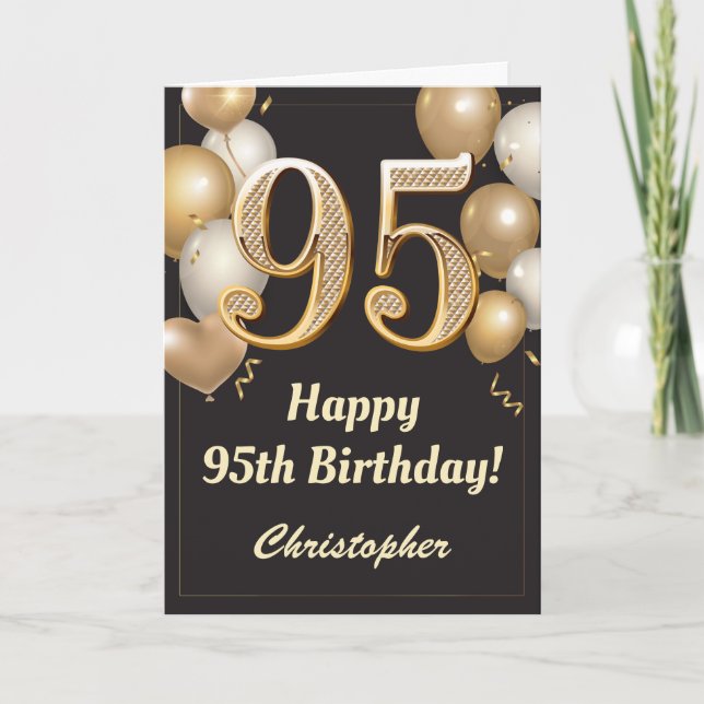 Tarjeta 95.º Confetti de Globos de Oro y Negro (Anverso)