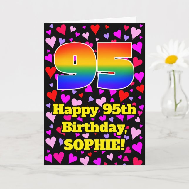 Tarjeta 95th Birthday: Loving Hearts Pattern, Rainbow # 95 (Planta pequeña)