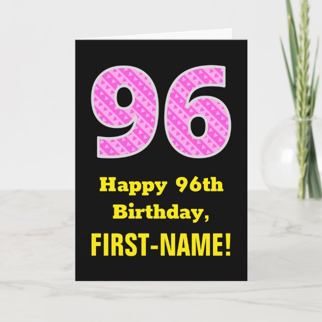 Tarjeta 96º cumpleaños: Rayas rosas y corazones "96" + nom (Anverso)