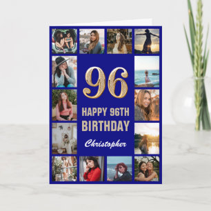Tarjeta 96.º feliz cumpleaños Collage de fotos azul y oro 