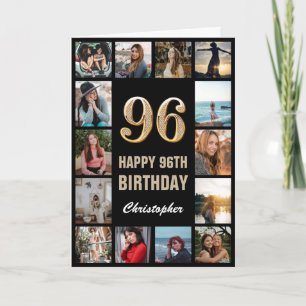 Tarjeta 96.º feliz cumpleaños Collage de fotos negro y oro