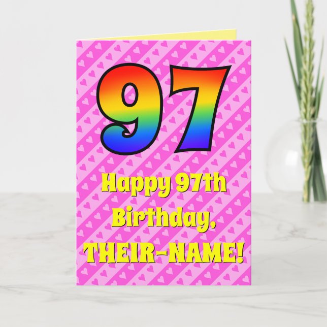 Tarjeta 97º cumpleaños: Rayas y corazones rosados, arcoiri (Anverso)