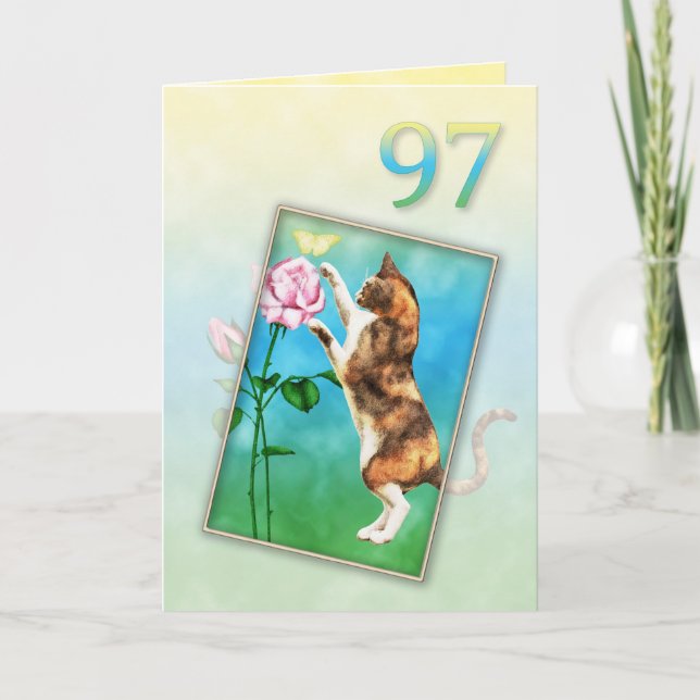 Tarjeta 97.º cumpleaños con un gato juguetón (Anverso)