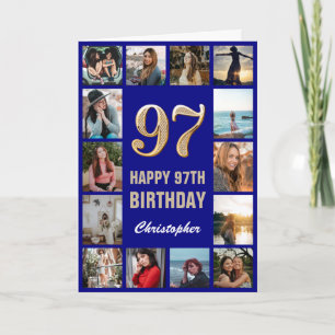 Tarjeta 97.º feliz cumpleaños Collage de fotos azul y oro 