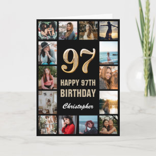 Tarjeta 97.º feliz cumpleaños Collage de fotos negro y oro