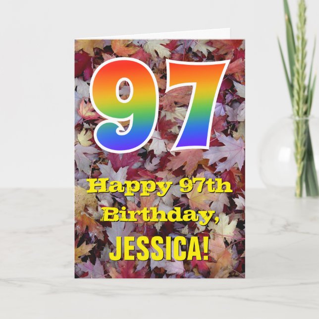 Tarjeta 97° cumpleaños; hojas de otoño rusticas; arco iris (Anverso)
