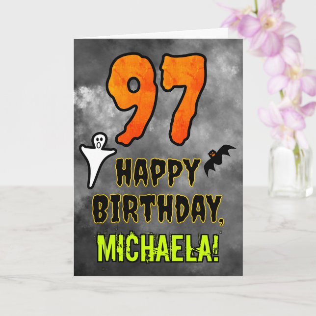 Tarjeta 97th Birthday: Eerie Halloween Theme + Custom Name (Orquídea)
