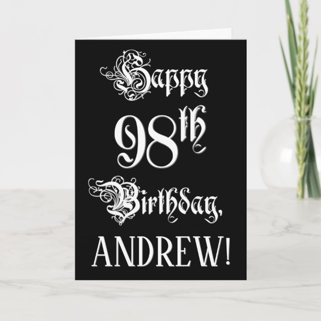 Tarjeta 98º cumpleaños: Elegante guión + nombre personaliz (Anverso)